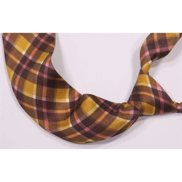 Phineas Cole Gold/Brown Plaid Slim Silk Necktie Tie - Picture 1 of 6